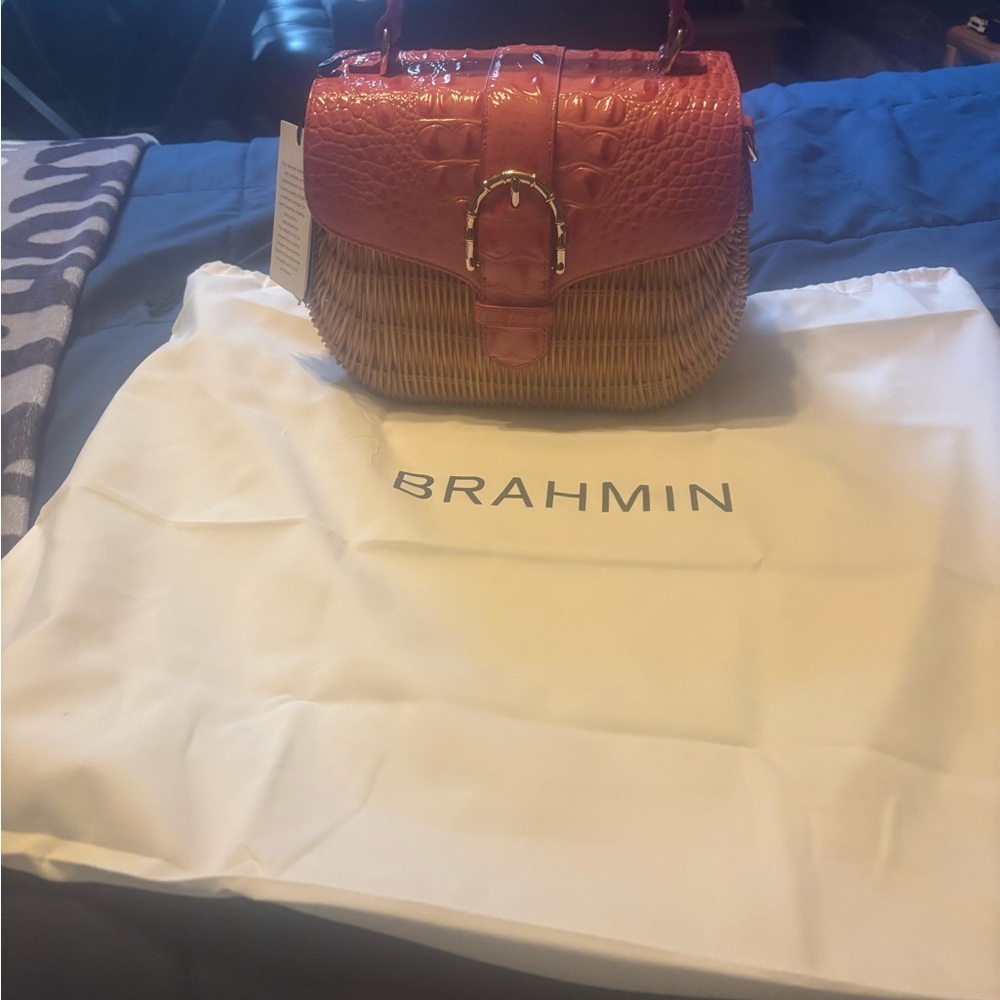 Brahmin Coral Snapdragon Maisie Crossbody Bag in Coral  and Tan Straw